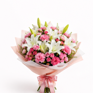 Grace Unfolding – 15 White Oriental Lilies, 20 Pink Carnations, 15 Spray Roses