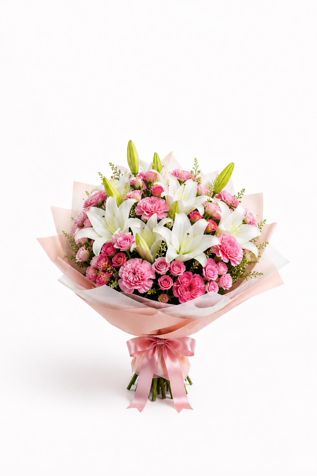 Grace Unfolding - 15 White Oriental Lilies, 20 Pink Carnations, 15 Spray Roses