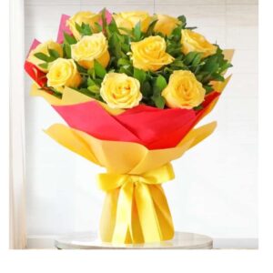 Sunfire Charm – Ten Yellow Roses in Red & Yellow  Wrap