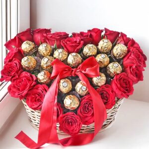 Flight of Happiness – Heart Shaped Arrangement of Roses & Chocolates