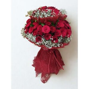 Rustic Rouge – 75 Red Roses in Two-Tier Jute Bouquet