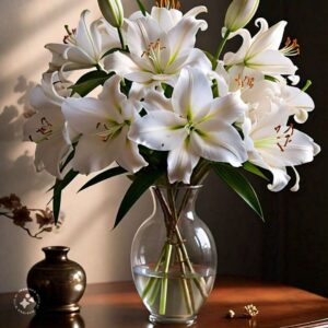 White Drift – 5 White Oriental Lilies in a Glass Vase