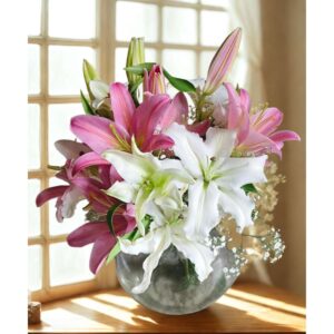 Blush & Ivory Echo – 3 Pink + 3 White Oriental Lilies in a Round Glass Vase