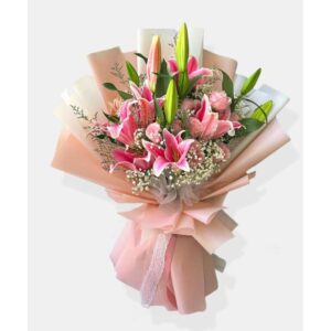 Pink Prelude- 4 Pink Oriental Lilies + 5 Pink Roses in Premium Pink Wrap
