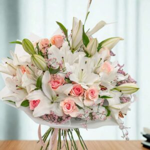 Blush & Breath -5 White Lilies + 12 Pink Roses