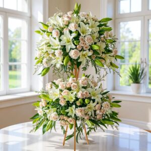 Celestial Radiance – 20 White Oriental Lilies, 40 Pink Carnations, 20 Pink Spray Roses