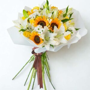 Golden Embrace – 5 Sunflowers, 4 White Lilies, 8 Yellow Roses