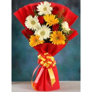 Radiant Tapestry – 5 Red Roses and 7 White and yellow gerbera