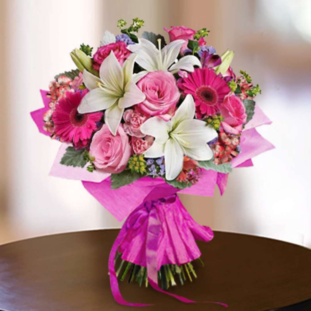 Rose Ensemble – Mix Bunch of Roses, Gerbera, Lilies & Carnation