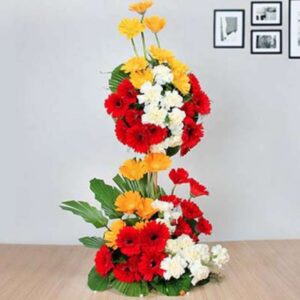 Trilogy of Light – Tall Arrangement of 50 Red & Yellow Gerberas & 20 Carnations