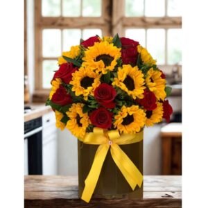 Sunfire Embrace – Romance of 20 red roses with the golden brilliance of 20 sunflowers