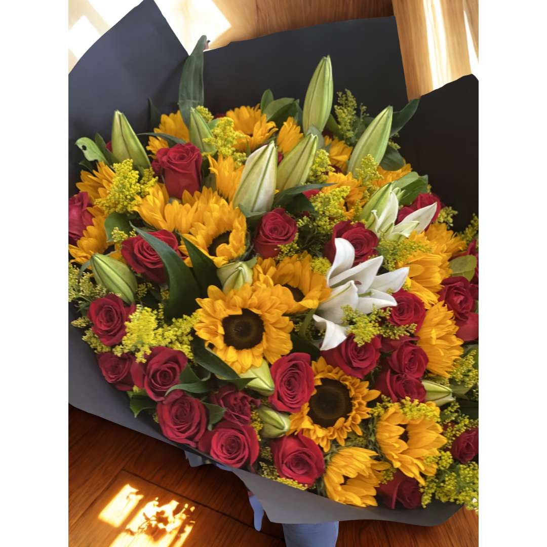 Celestial Blaze – Oriental Lilies, Sunflowers, Roses